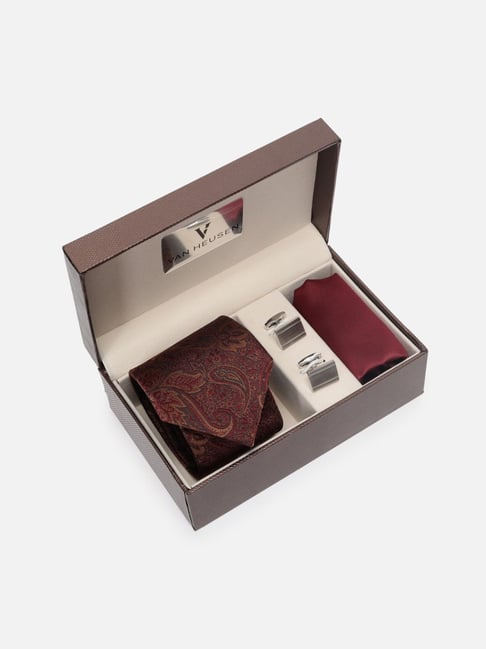 Van Heusen Maroon Embroidered Tie with Pocket Square & Cufflink-image-29