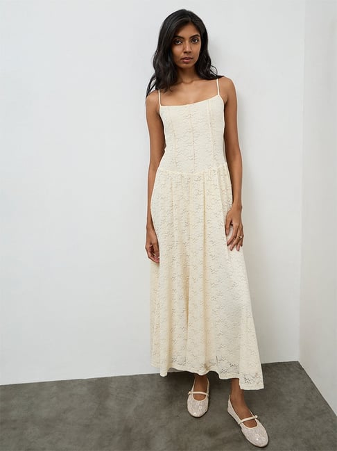 LOV by Westside Cream Floral Lace Cotton-Blend A-Line Dress-picture-27