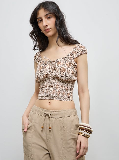Bombay Paisley by Westside Beige Paisley Printed Cotton Top