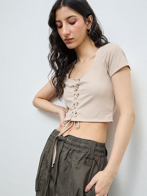Nuon by Westside Beige Self-Striped Criss-Cross Detailed Cotton Top