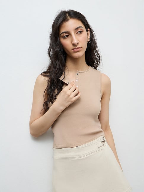 Nuon by Westside Beige Cotton-Blend Top