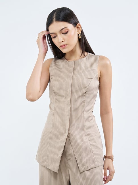 Annabelle By Pantaloons Beige Slim Fit Striped Top