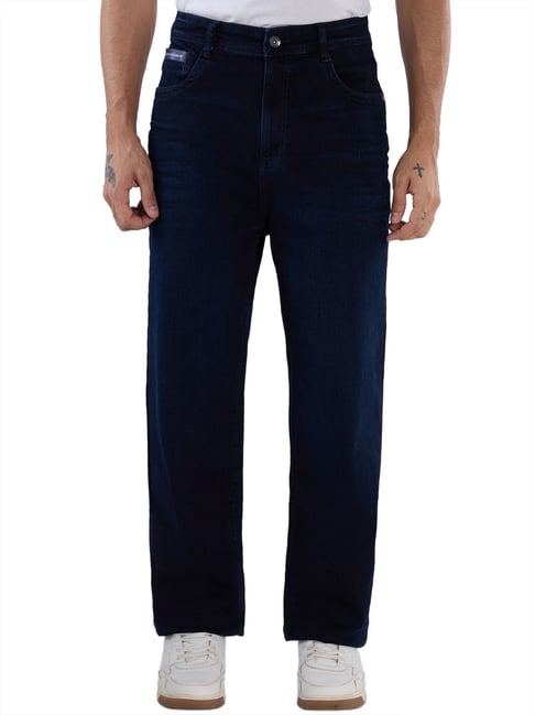Parx Mens Dark Blue Flared Fit Woven Design Jeans-picture-29
