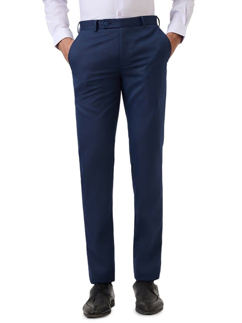Park Avenue Mens Dark Blue Slim Fit Solid Flat Front Formal Trousers-picture-11