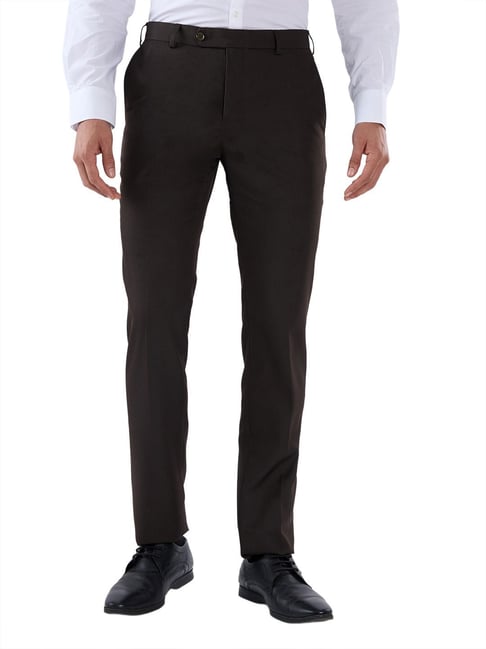 Raymond Mens Dark Brown Slim Fit Solid Formal Trousers-picture-22