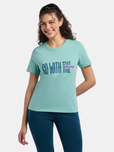 Amante Teal Women crew neck relaxed fit printed T -Shirt-picture-43