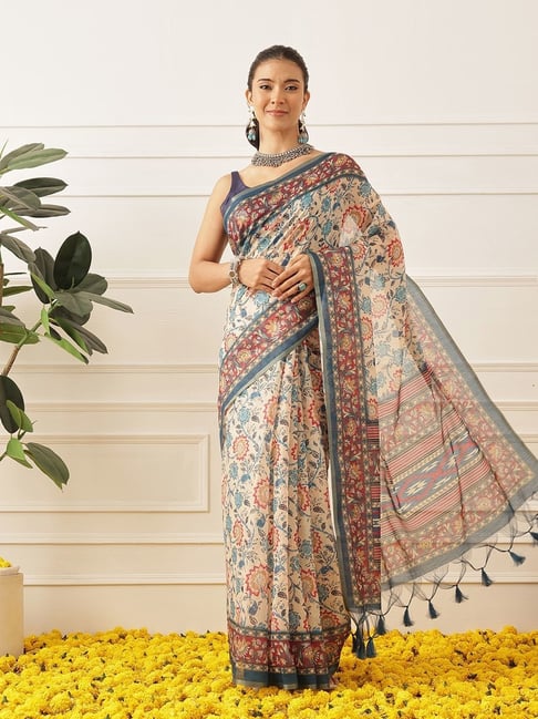 Silk Land Women's Off White Digital Printed Chanderi Saree with Unstitched Blouse-picture-31