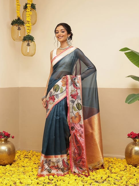 Silk Land Women's Teal Solid Saree with Unstitched Blouse-picture-20