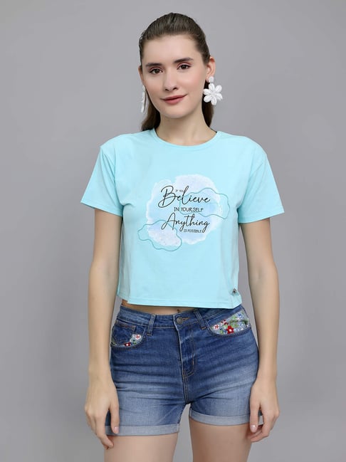 Monte Carlo Women Half Sleeve Round Neck Printed Crop Top