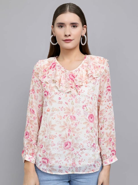 Monte Carlo Women's Regular Fit Full Sleeve Floral Print Fashion Neck Top