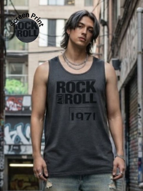 Rigo Dark Grey Cotton Printed Regular Fit Vest