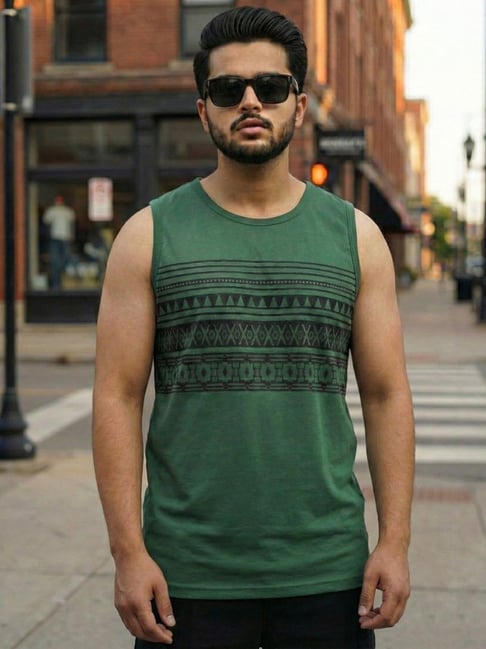 Rigo Green Cotton Printed Regular Fit Vest