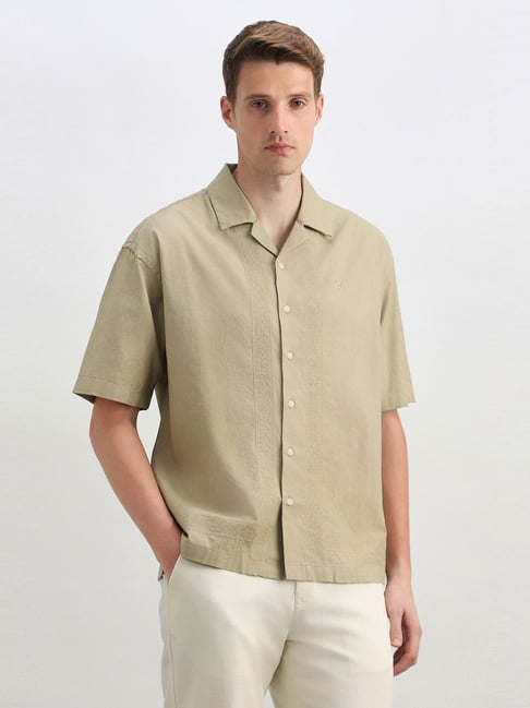 Allen Solly Men Light Khaki Relaxed Fit Solid Half Sleeves Casual Shirt-picture-14