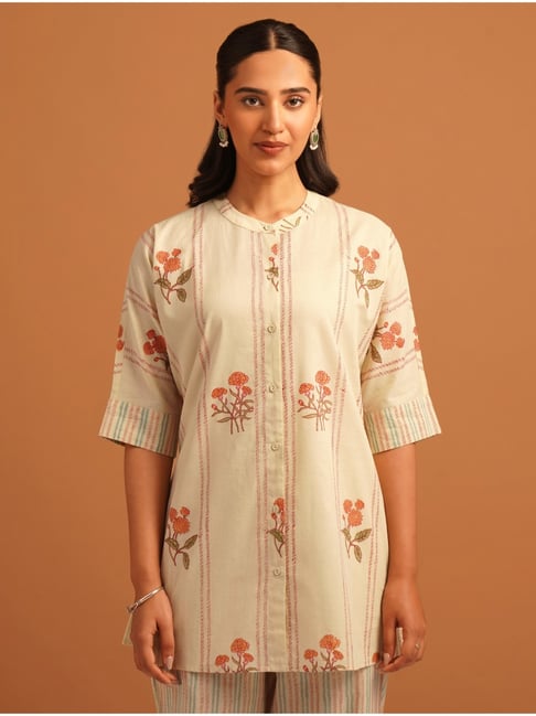 Jaypore Beige Block Print Mandarin Collar Flared Fit Tunic