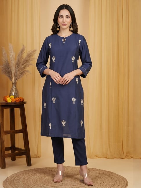 W For Woman Navy Blue Metallic Embroidered Straight Kurta-picture-24