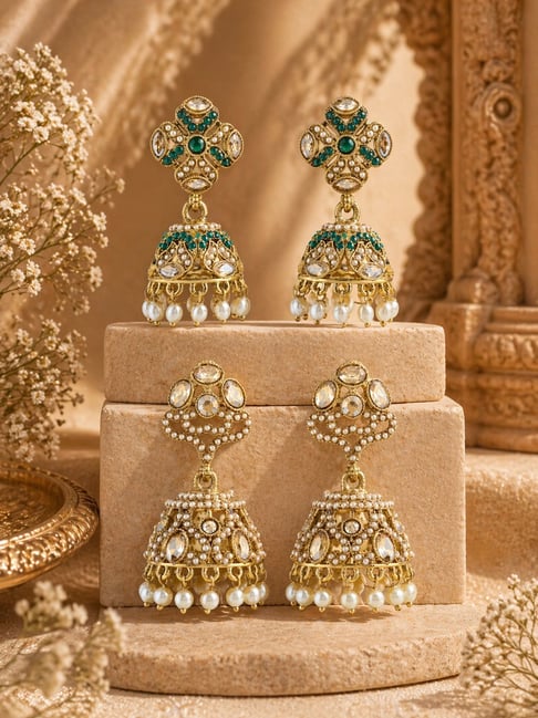Zaveri Pearls Gold-Tone Plated Green Earrings for Women Combo of 2-picture-35
