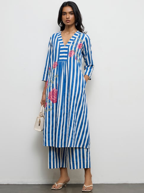 Utsa by Westside Blue Striped Cotton-Blend A-Line Kurta-picture-17