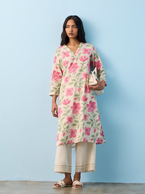 Utsa by Westside Off-White Floral Print Cotton Straight Kurta-picture-32
