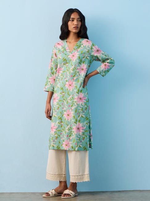 Utsa by Westside Blue Floral Printed Cotton Straight Kurta-picture-14