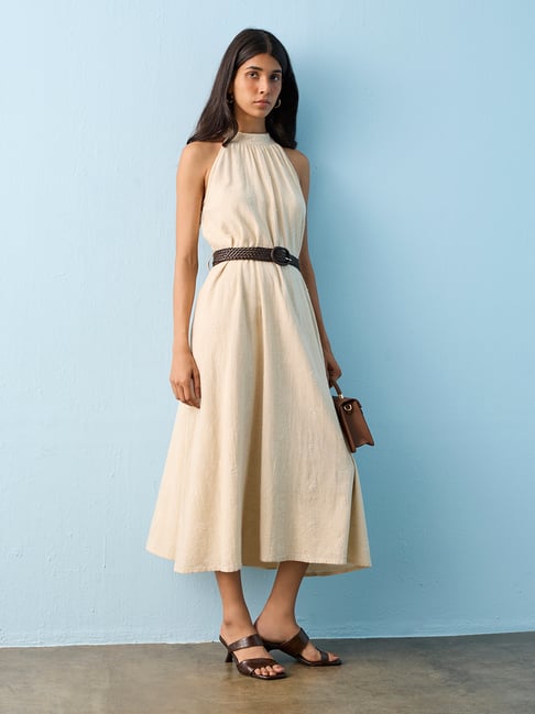 westside beige dress LOV by Westside Light Beige Botanical Embroidered A-Line Dress