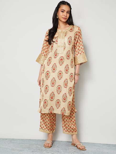 Melange by Lifestyle Beige Polyester Printed Kurta With Pants-picture-15