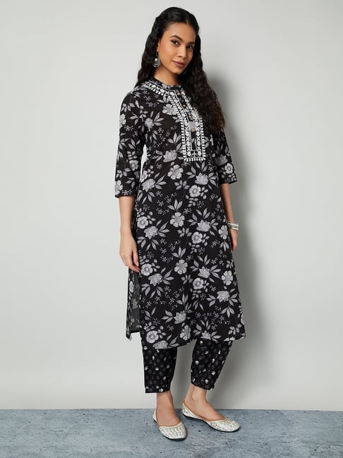 Melange by Lifestyle Black Cotton Floral Kurta With Pants-picture-14