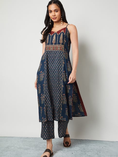 Melange by Lifestyle Navy Blue Cotton Printed Kurta With Pants-picture-18