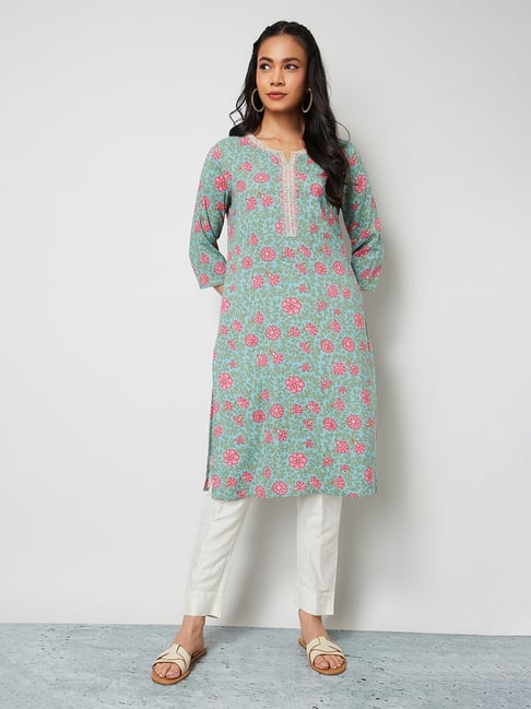 Melange by Lifestyle Sky Blue Rayon Floral Kurta-picture-25