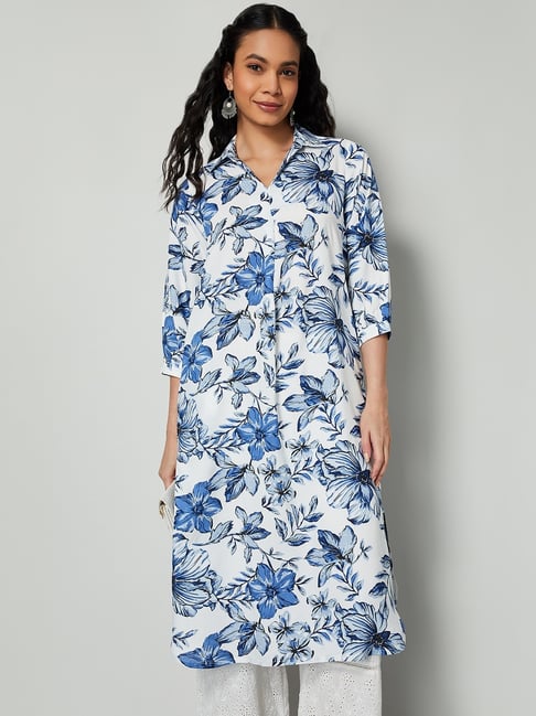 Melange by Lifestyle Blue & White Rayon Floral Kurta-picture-18