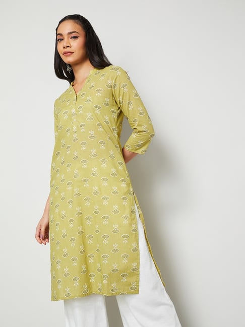 Melange by Lifestyle Mustard Cotton Floral Kurta-picture-12