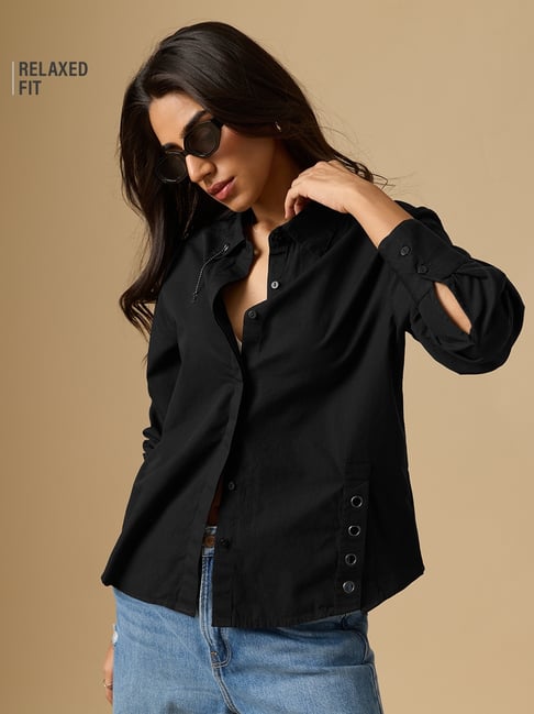 The Souled Store Womens Black Relaxed Fit Solid Shirt-picture-30