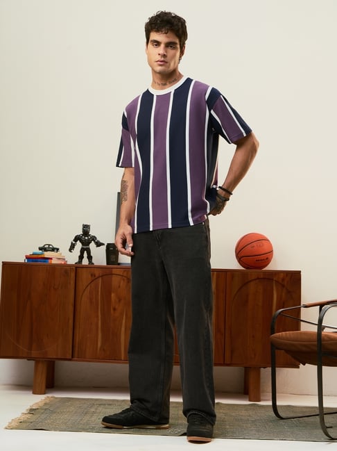 The Souled Store Mens Purple Oversized Striped T-Shirt-picture-22
