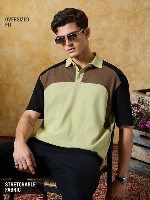 The Souled Store Mens Green Oversized Colourblocked Polo T-Shirt-picture-32