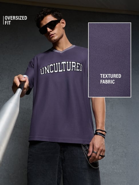 The Souled Store Mens Purple Oversized Textured T-Shirt-picture-15