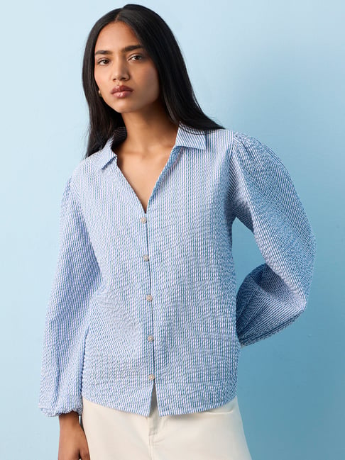 LOV by Westside Blue Seersucker Textured Blouse-picture-28