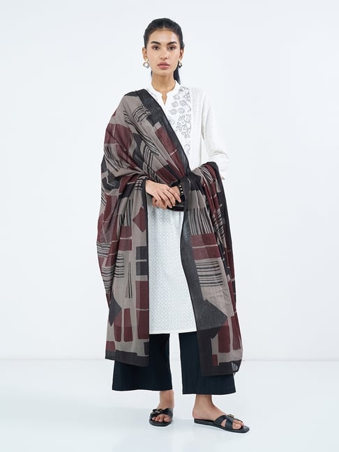 Rangmanch by Pantaloons Womens Deep Taupe Geometric Print Dupatta-picture-32