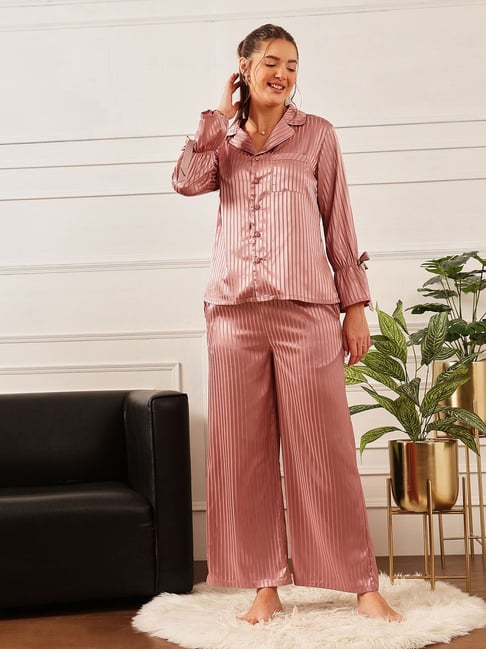 Chelvet Pink Satin Striped Shirt With Pyjamas-picture-12