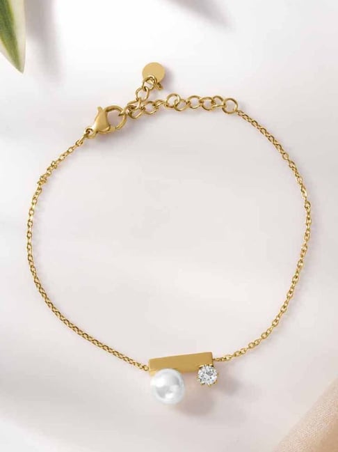 Palmonas Gold-Tone Plated White Pearl Bar Accent Bracelet for Women-picture-35