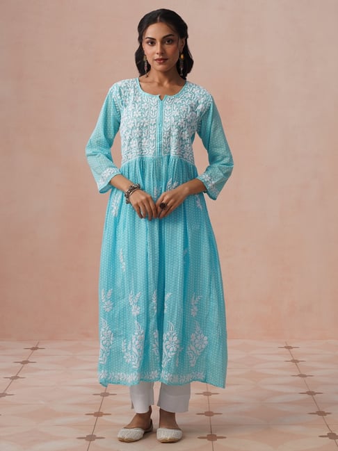 House of Chikankari Mulmul Chikankari Printed Womens Long Kurta - Blue-picture-35