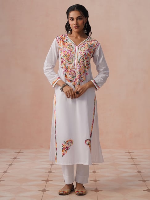 House of Chikankari Women White Cotton Chikankari Kurta-picture-11