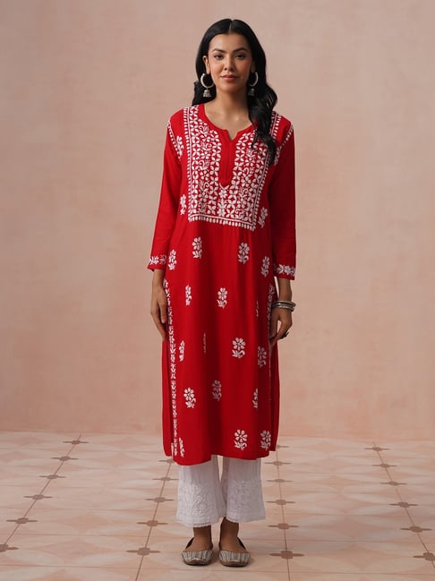 House of Chikankari Women Red Modal Chikankari Kurta-picture-21