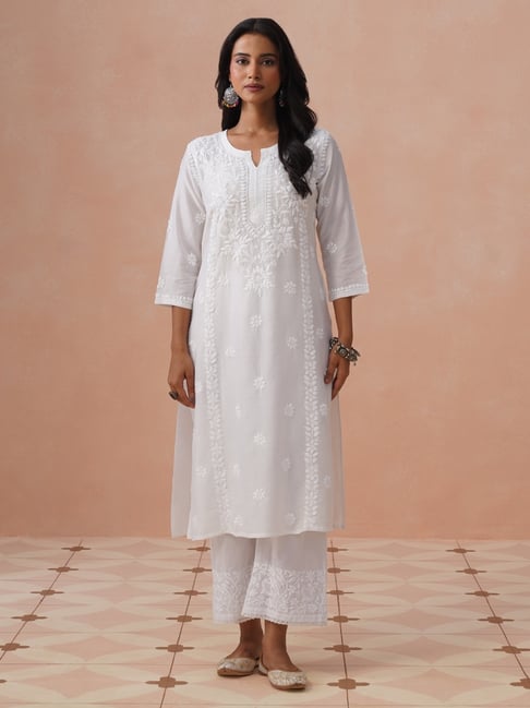 house of chikankari Chikankari Embroidered Straight Womens Long Kurta-White-picture-18