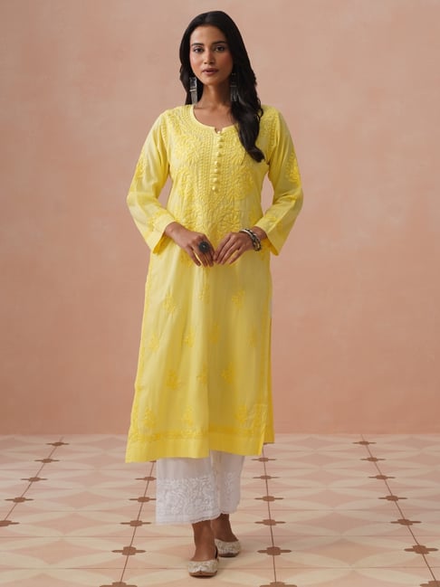 House of Chikankari Women Light Yellow Cotton Cambric Chikankari Kurta-picture-31