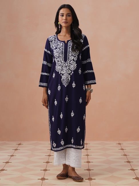 House of Chikankari Women Navy Blue Rayon Chikankari Kurta-picture-13