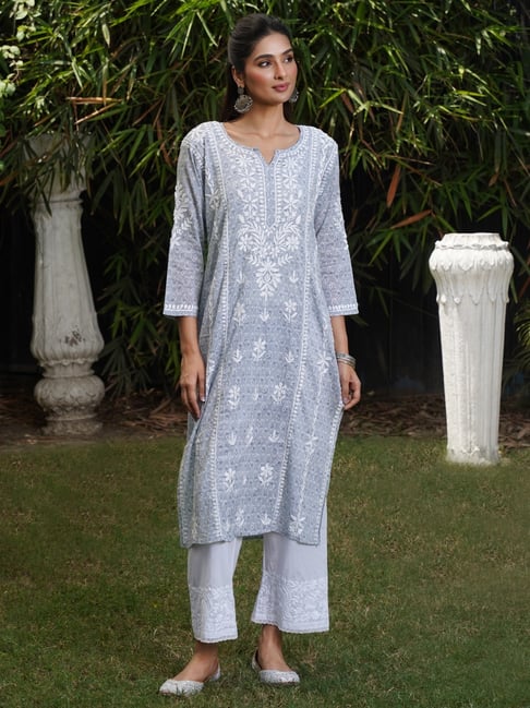 House of Chikankari Lana Mulmul Chikankari Printed Womens Long Kurta-Grey-picture-31