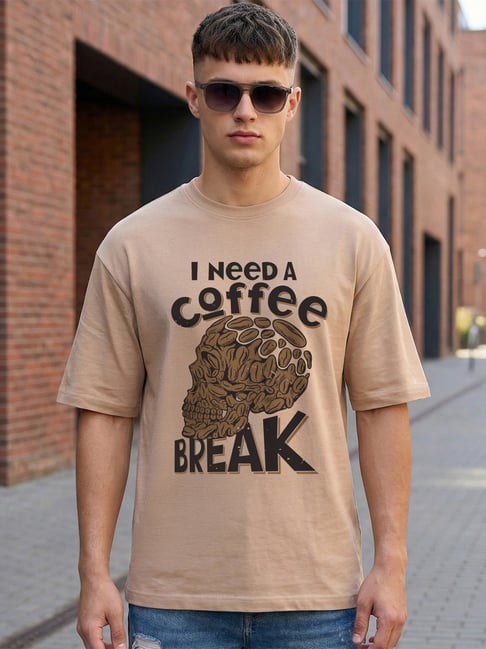 Bewakoof Men's Warm Beige Coffee Break Printed Oversized T-Shirt-image-17