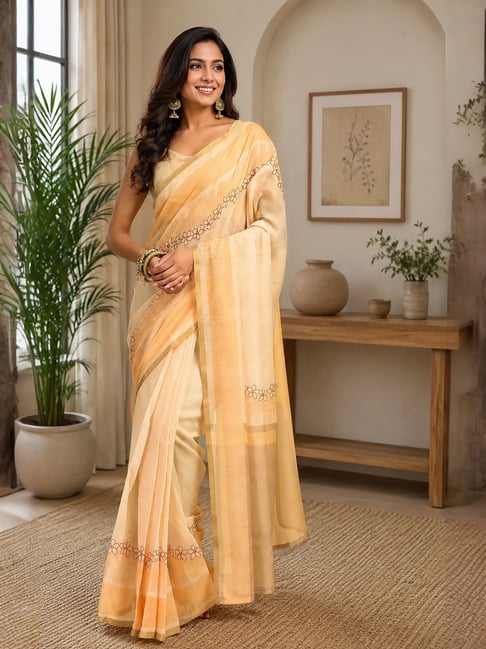 Elora Womens Cream Regular Fit Printed Chanderi Cotton Ready To Wear Saree-picture-31