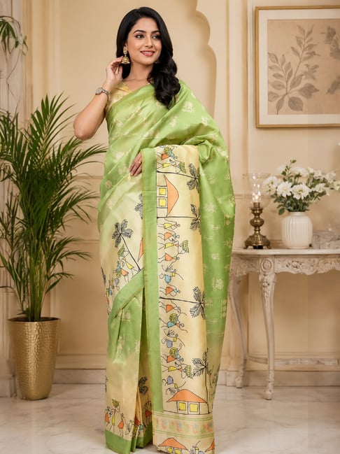 Elora Womens Light Green Regular Fit Tribal Folk Art Printed Ready To Wear Saree-picture-25