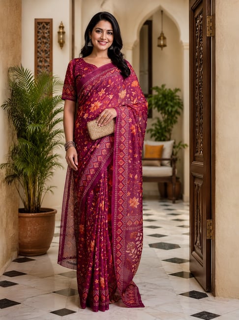 Elora Womens Maroon Regular Floral Chanderi Saree-picture-33