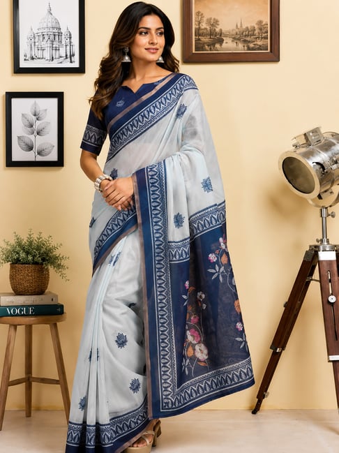 Elora Womens Off White Regular Floral Chanderi Cotton Ready To Wear Saree-picture-26